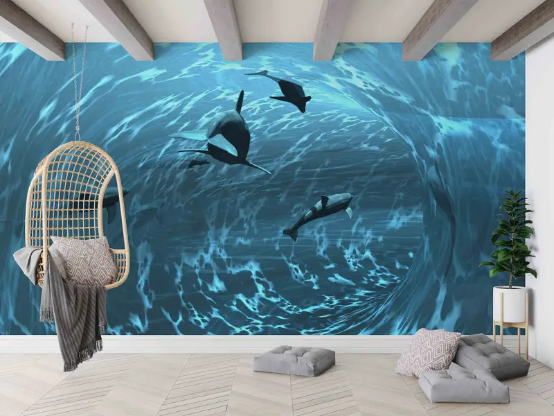 3D Paper Art, Sea Landscape Paper Craft, Animal Paper Art, Blue Wall Mural, Aquarium Paper Craft, Paper Cutting Art, Accent Wall, - 2