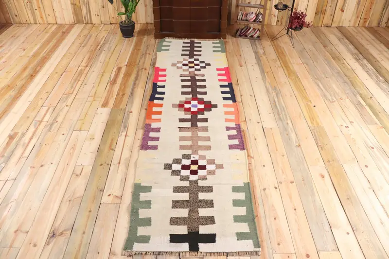 Vintage Turkish Runner Rug 2.8x10.5 ft, Kilim Green Wool Rug - 1