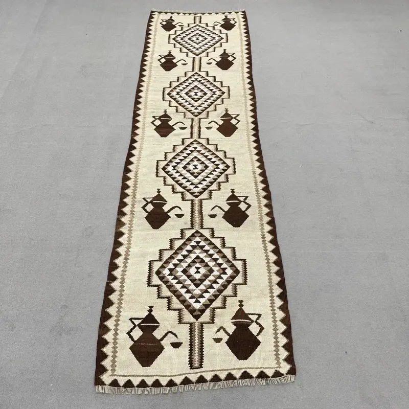 3x10.4 ft Vintage Turkish Rug, Runner Rug, Brown Kilim Solid Rug - 1