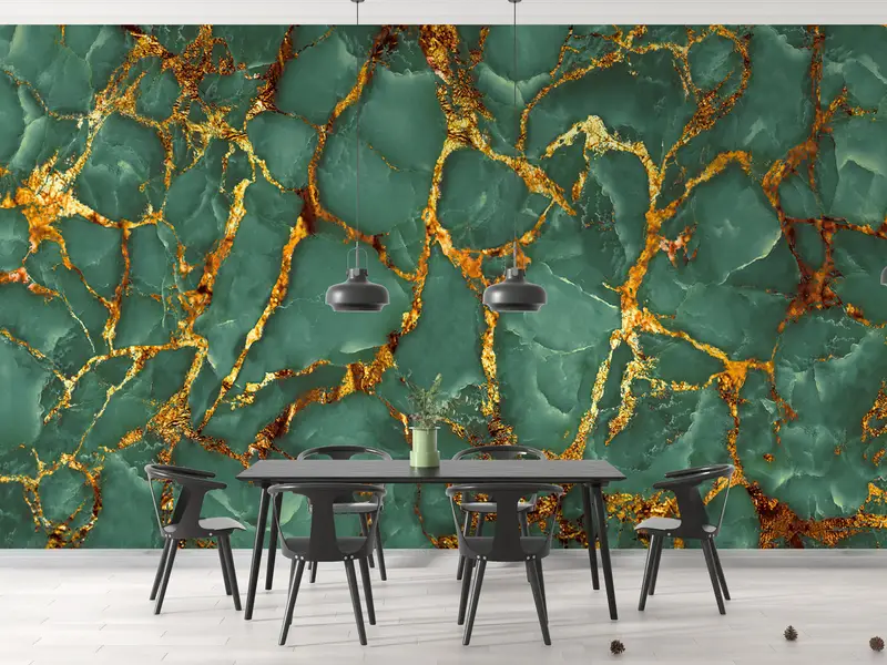 Modern Wall Paper, Green And Gold Marble Wall Art, Wall Paper Peel and Stick, Paper Wall Art, Green Wall Mural, - 2