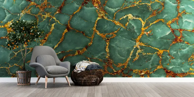 Modern Wall Paper, Green And Gold Marble Wall Art, Wall Paper Peel and Stick, Paper Wall Art, Green Wall Mural, - 5