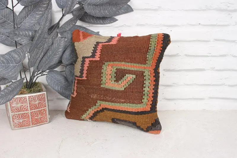 Boho Pillow Sham Cover, 12x12 Brown Cushion Cover, Kilim Pillow, Traditional Pillow Cover, Cushion Cover, Kilim Pillow Cover, Christmas Pillow Sham - 4