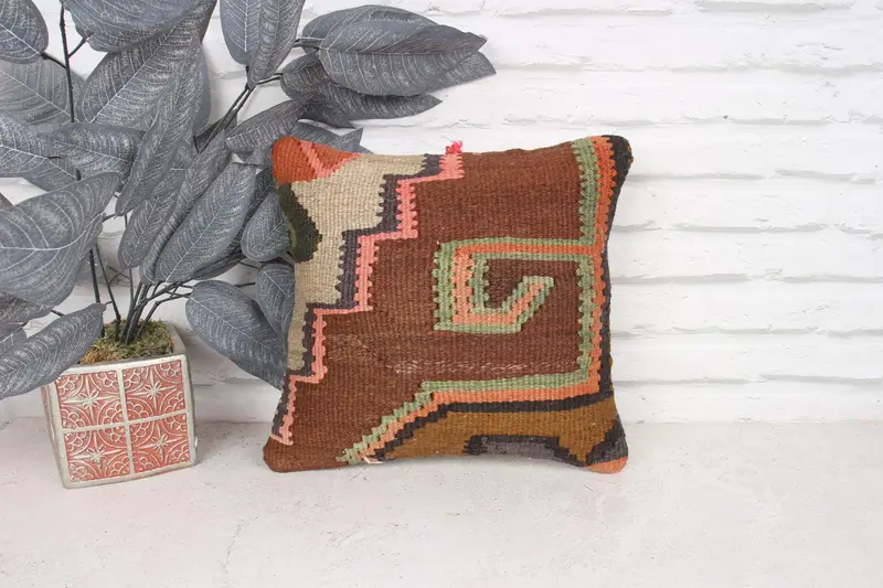 Boho Pillow Sham Cover, 12x12 Brown Cushion Cover, Kilim Pillow, Traditional Pillow Cover, Cushion Cover, Kilim Pillow Cover, Christmas Pillow Sham - 1