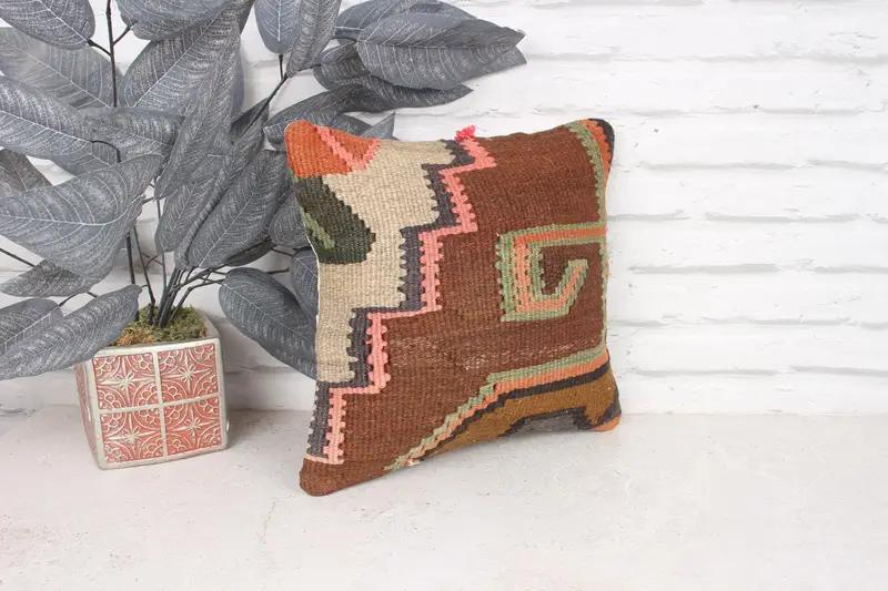 Boho Pillow Sham Cover, 12x12 Brown Cushion Cover, Kilim Pillow, Traditional Pillow Cover, Cushion Cover, Kilim Pillow Cover, Christmas Pillow Sham - 3