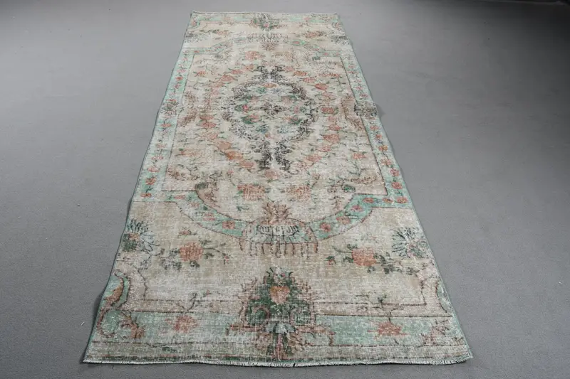 Türk 3.9x9.9 ft Runner Halı, Vintage Halı, Oushak Mavi Çiçekli Halı - 1