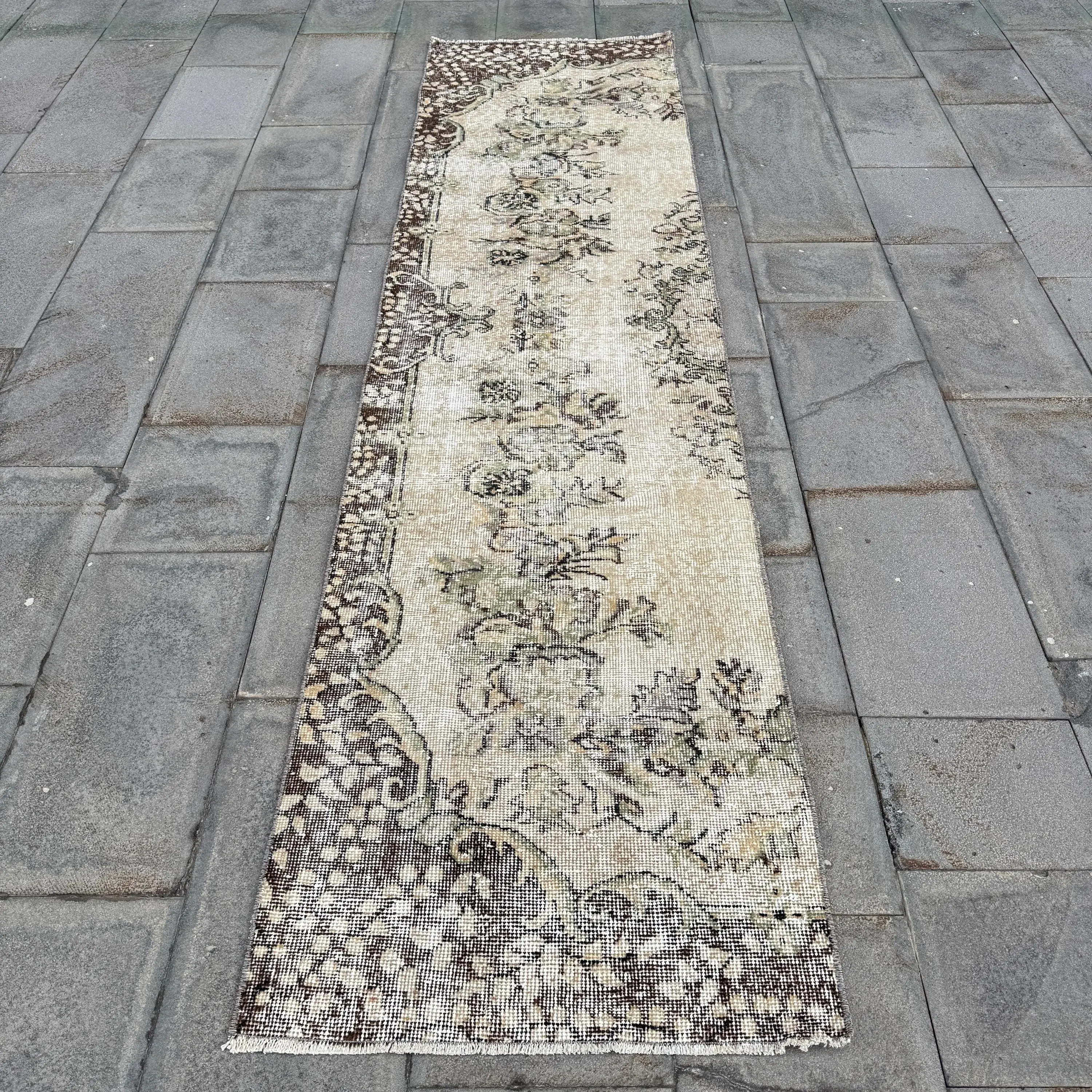 2.4x9.2 ft Vintage Turkish Rug, Runner Rug, Brown Wool Rug - 1
