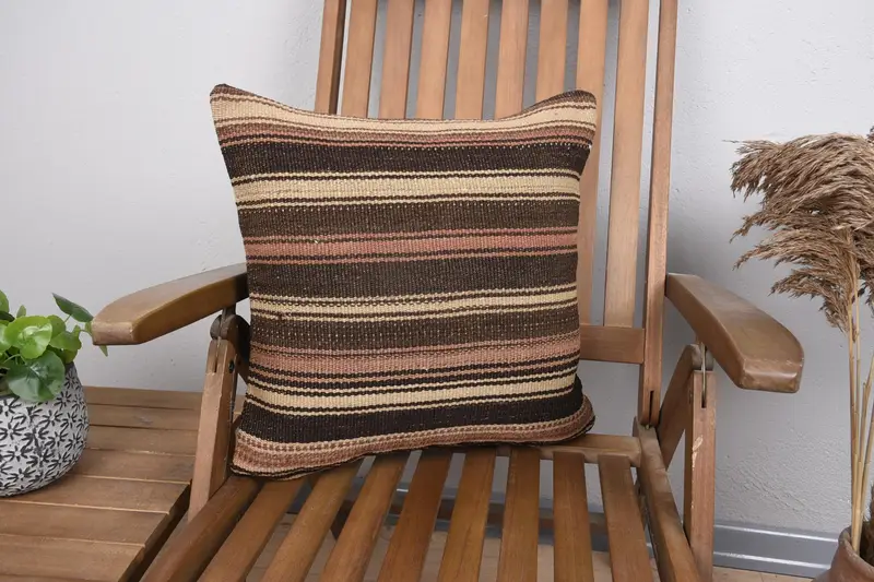Turkish Brown Art Deco Pillowcase, Striped 18x18 inch Moroccan Pillow Case - 1
