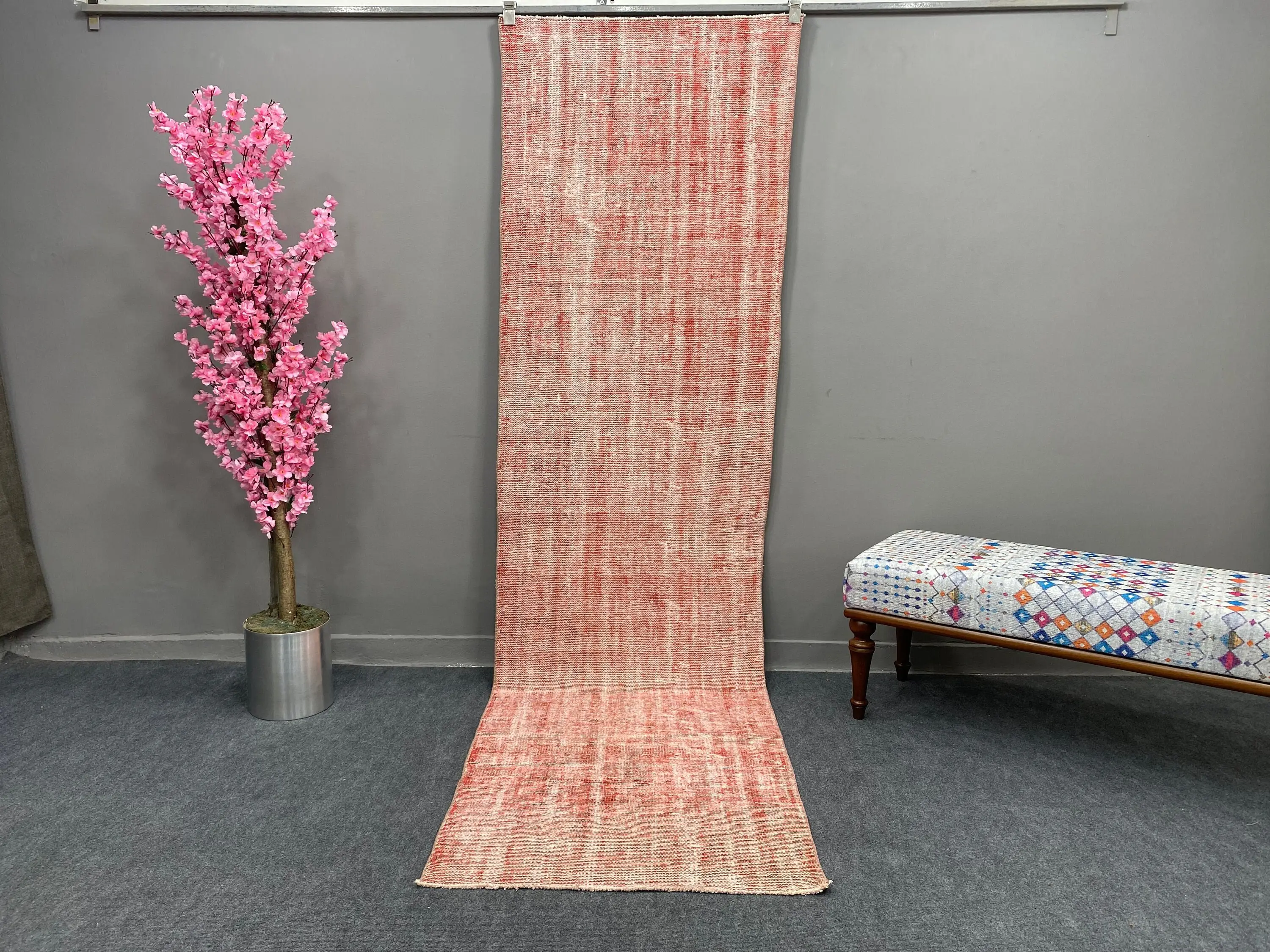 2.7x9.9 ft Vintage Rug, Rug, Red Solid Rug Wool - 1
