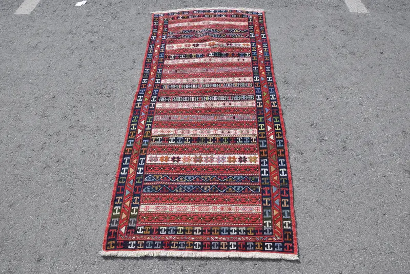 Vintage Turkish Accent Rug 2.7x6 ft, Red Blue Floral Rug - 1