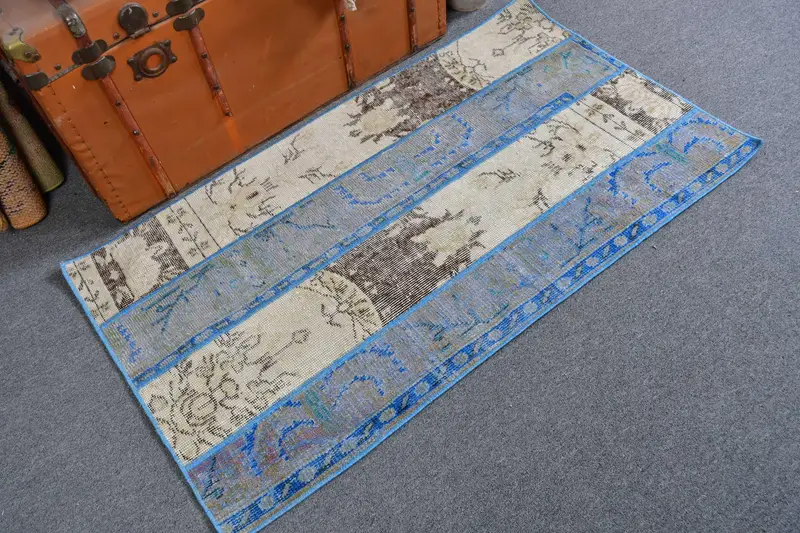 Vintage Türk Oushak Küçük Halı 2,5x4,5 ft, Mavi Kamuflaj Halı Yün - 1