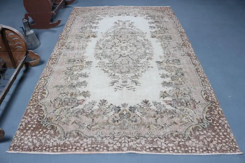 Turkish 5.7x9.4 ft Rug, Large Vintage Rug, Brown Solid Wool Rug - 1