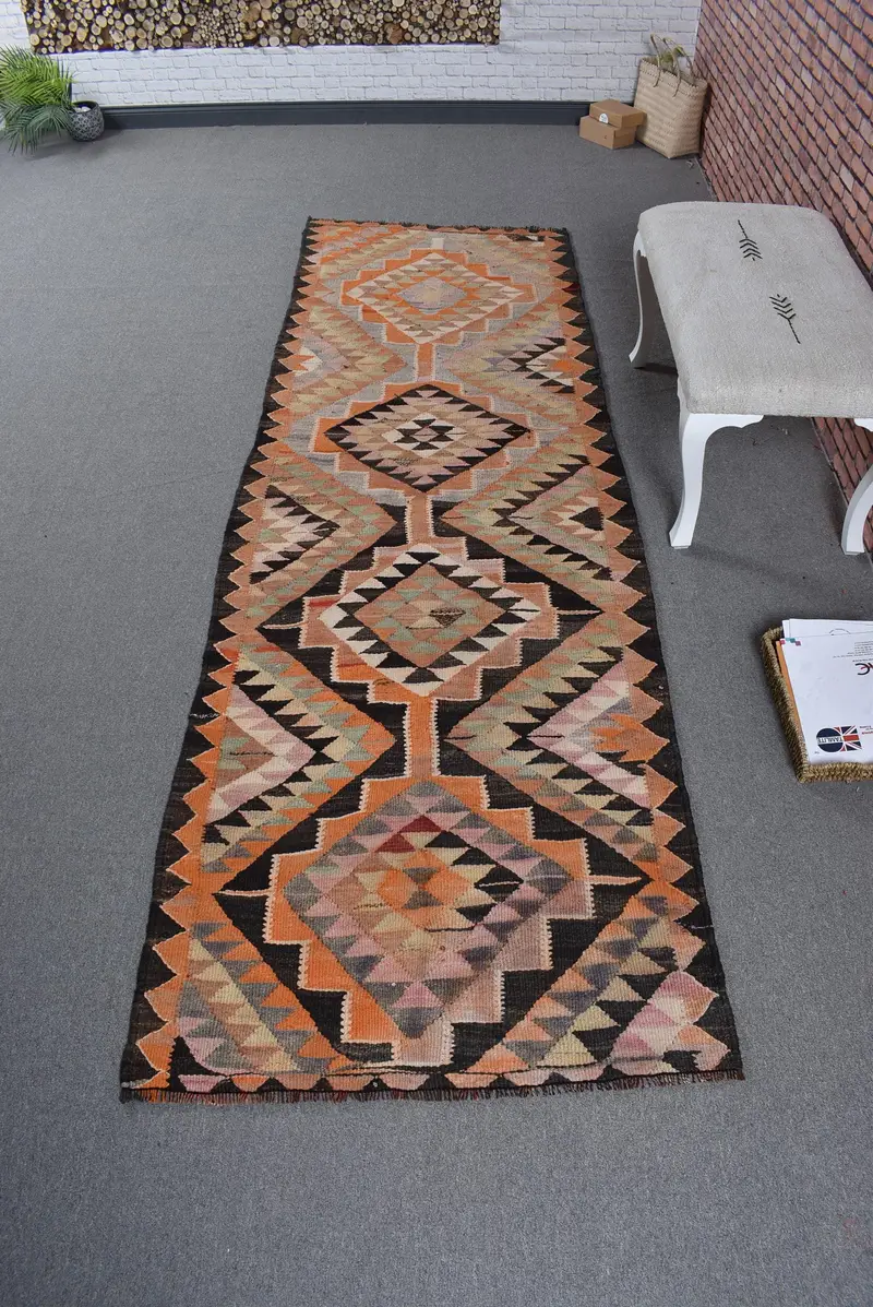 Turkish Rug, Runner 3.2x9.8 ft Vintage Rug, Orange Camouflage Wool Rug - 1