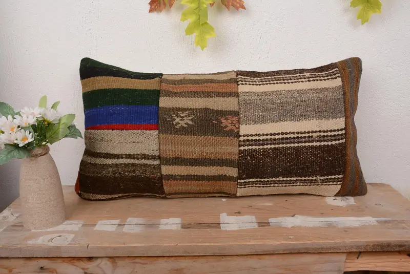 Blaues und braunes Patchwork-Wurfkissen, 12x24 besticktes Kissen