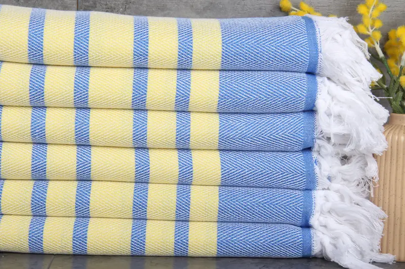 Custom Turkish Towel Sax Blue-Yellow Chevron Bath Towel 36x67 Inches