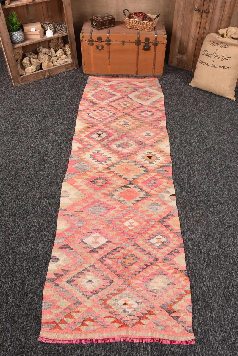 Türk Vintage Halı, 3x9.9 ft Kilim Halı, Kırmızı Yolluk Çiçekli Halı - 1