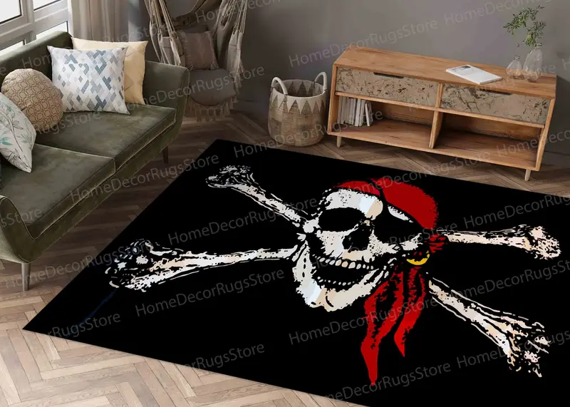 Eleganter Teppich mit Piratenflaggen-Aufdruck: Totenkopf, Horror, auffälliges Design