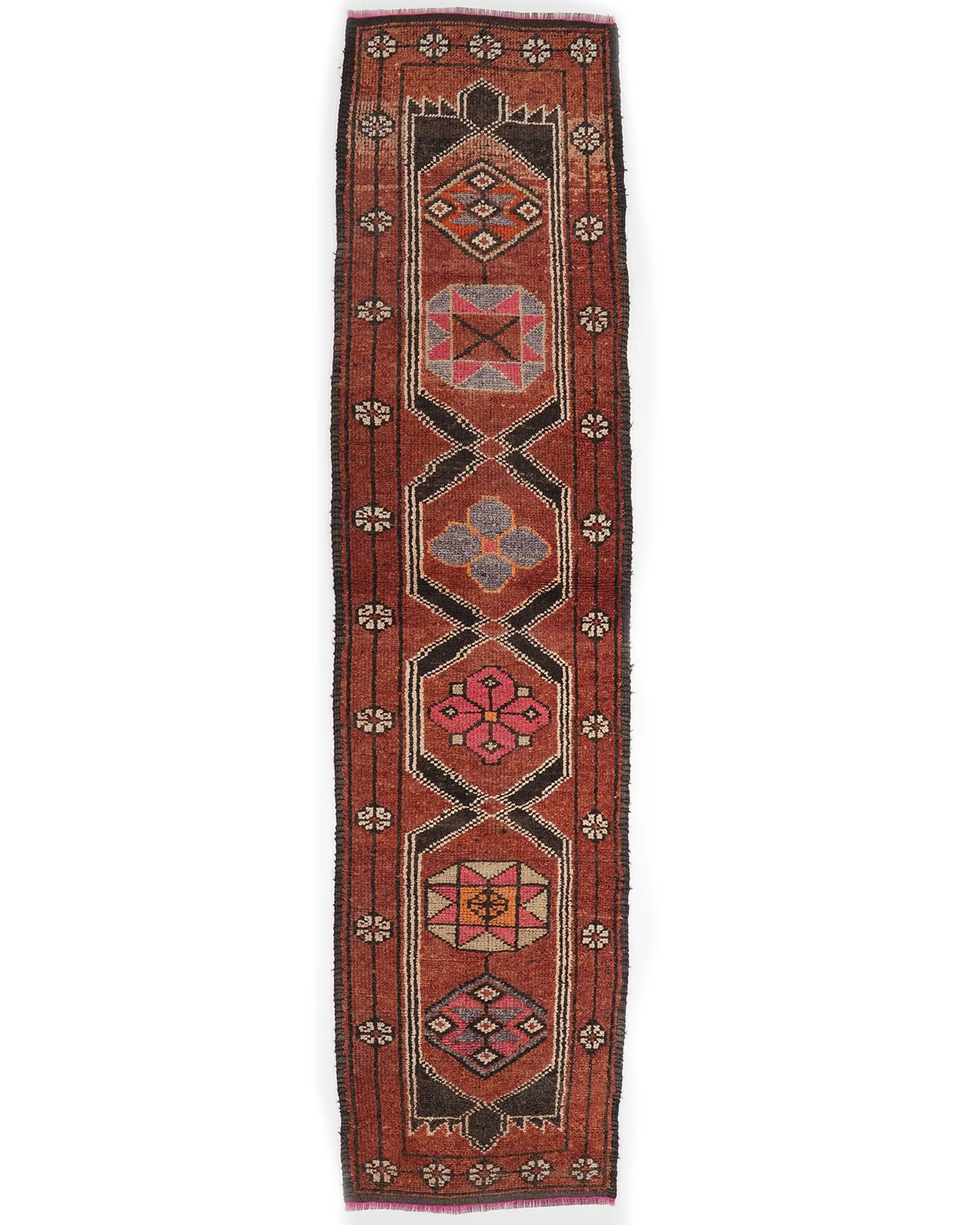 Turkish Vintage Rug, 2.9x12.3 ft Herki Rug, Red Gray Plants & trees Rug - 1