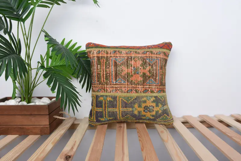 Ethnical Kilim Rug Pillow, Sofa Cushion, 16x16 Green Pillow Cover, Vintage Kilim Pillow, Vintage Kilim Throw Pillow, Cushion Case - 1
