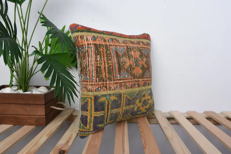 Ethnical Kilim Rug Pillow, Sofa Cushion, 16x16 Green Pillow Cover, Vintage Kilim Pillow, Vintage Kilim Throw Pillow, Cushion Case - 4