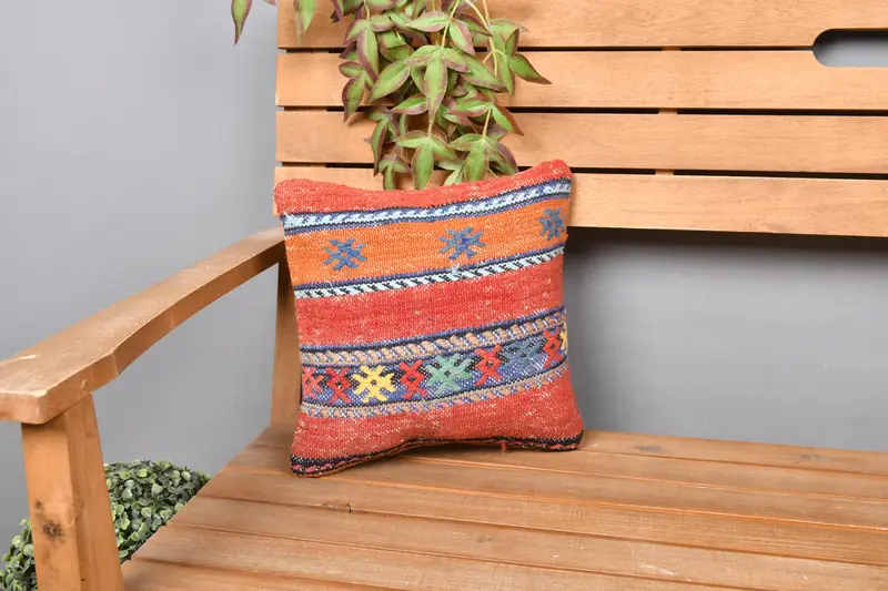 Home Decor Pillow, Vintage Pillow, Pillow Case, Natural Pillow Sham, 12x12 Red Cushion Cover, Turkish Kilim Pillow, Aesthetic Cushion Case - 1