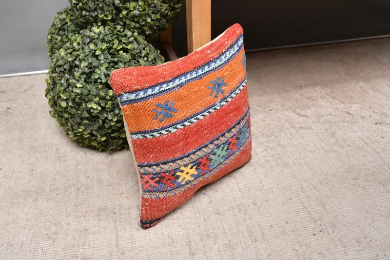 Home Decor Pillow, Vintage Pillow, Pillow Case, Natural Pillow Sham, 12x12 Red Cushion Cover, Turkish Kilim Pillow, Aesthetic Cushion Case - 7