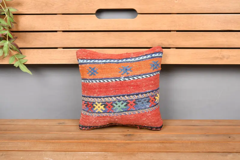 Home Decor Pillow, Vintage Pillow, Pillow Case, Natural Pillow Sham, 12x12 Red Cushion Cover, Turkish Kilim Pillow, Aesthetic Cushion Case - 6