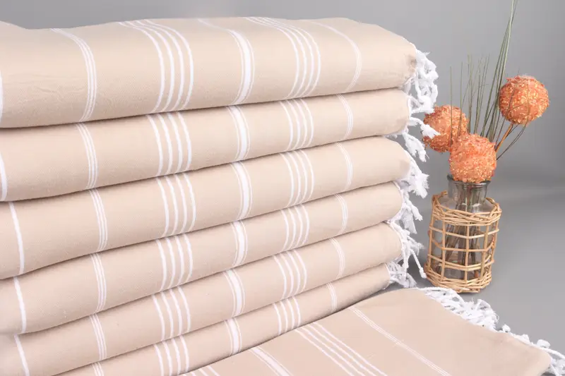Turkish Bath Towel Beige Striped, Organic Cotton, 38x73 Inches