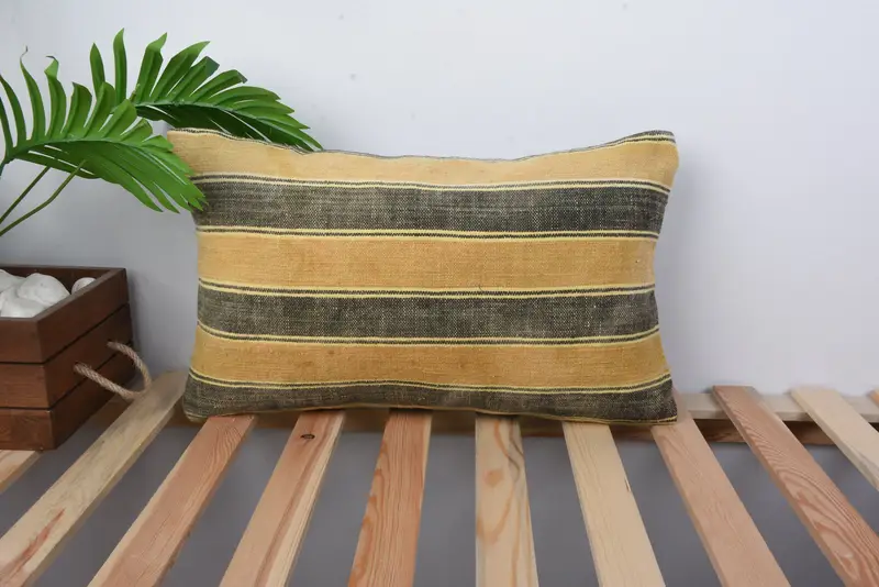 Ethnical Kilim Rug Pillow, Ethnic Throw Pillow, Cushion Case, Floor Cushion Cover, Kilim Cushion Sham, 12x20 Yellow Pillow, Gift Pillow - 1