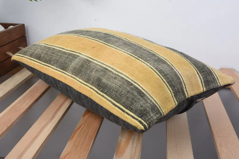 Ethnical Kilim Rug Pillow, Ethnic Throw Pillow, Cushion Case, Floor Cushion Cover, Kilim Cushion Sham, 12x20 Yellow Pillow, Gift Pillow - 6