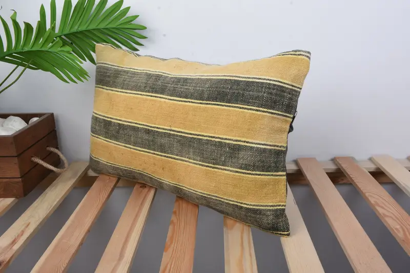 Ethnical Kilim Rug Pillow, Ethnic Throw Pillow, Cushion Case, Floor Cushion Cover, Kilim Cushion Sham, 12x20 Yellow Pillow, Gift Pillow - 5