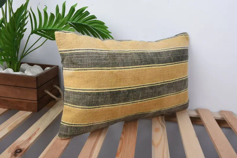 Ethnical Kilim Rug Pillow, Ethnic Throw Pillow, Cushion Case, Floor Cushion Cover, Kilim Cushion Sham, 12x20 Yellow Pillow, Gift Pillow - 4