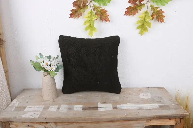 Throw Kilim Pillow, Gift Pillow, Cushion, 12x12 Black Pillow Cover, Handmade Rug Seat Cushion, Knitted Pillow Case, Custom Pillow, Turkish Pillow - 1