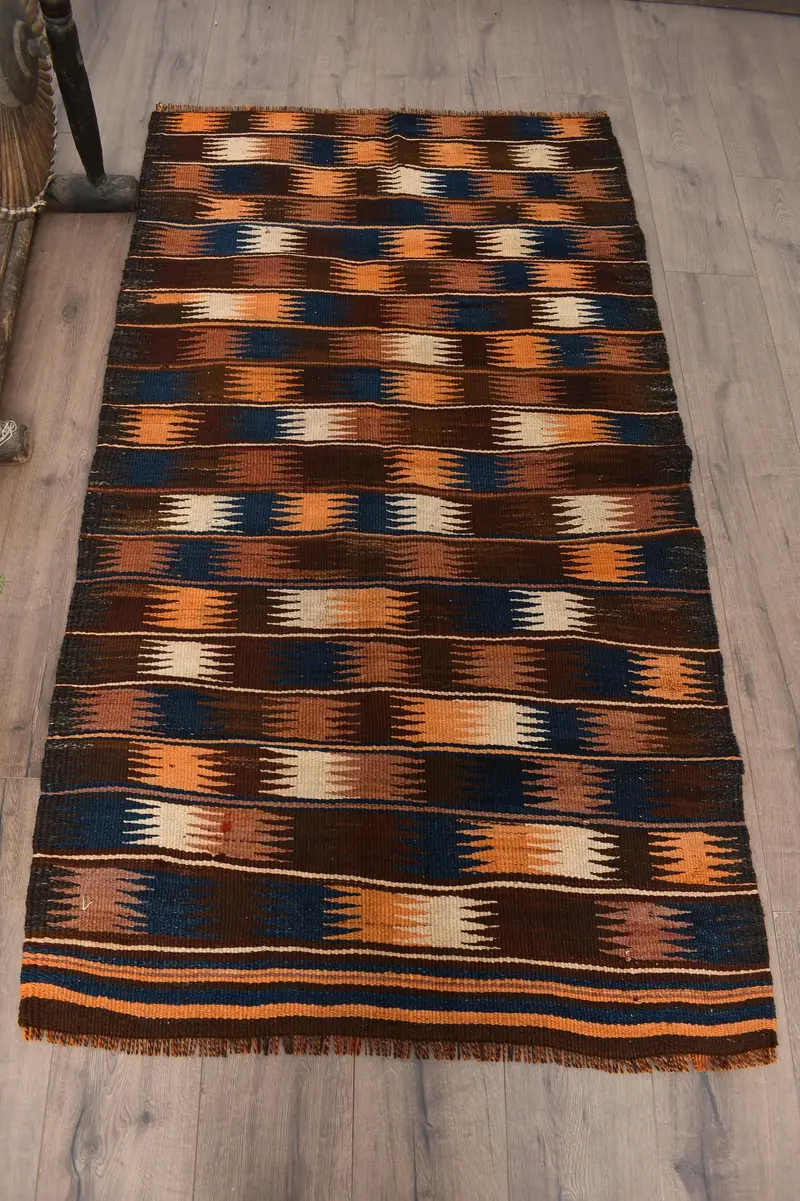 Vintage Turkish Accent Rug 3.3x5.9 ft, Brown Blue Ombré Rug - 1