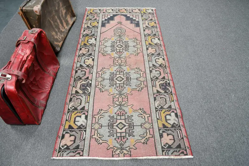 Vintage Türkischer Teppich 2,9x6,3 ft (89x193 cm), Oushak Roter Ombré-Teppich - 1