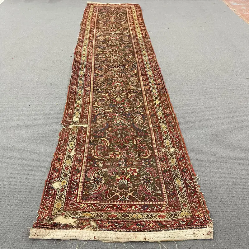 Turkish Oushak Rug 3x13.6 ft (90x413 cm), Red Floral Vintage Rug - 1