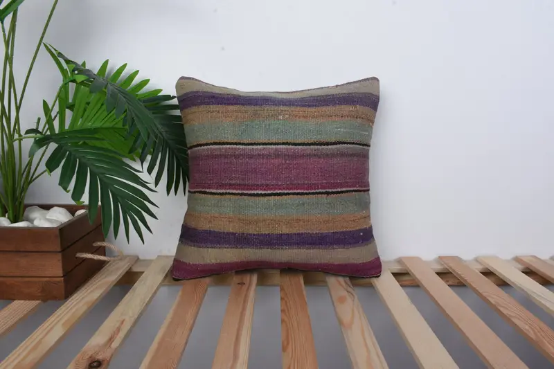 Ethnical Kilim Rug Pillow, Outdoor Throw Pillow Cover, Kilim Pillow, Pillow Case, 16x16 Purple Cushion Cover, Vintage Kilim Pillow - 1