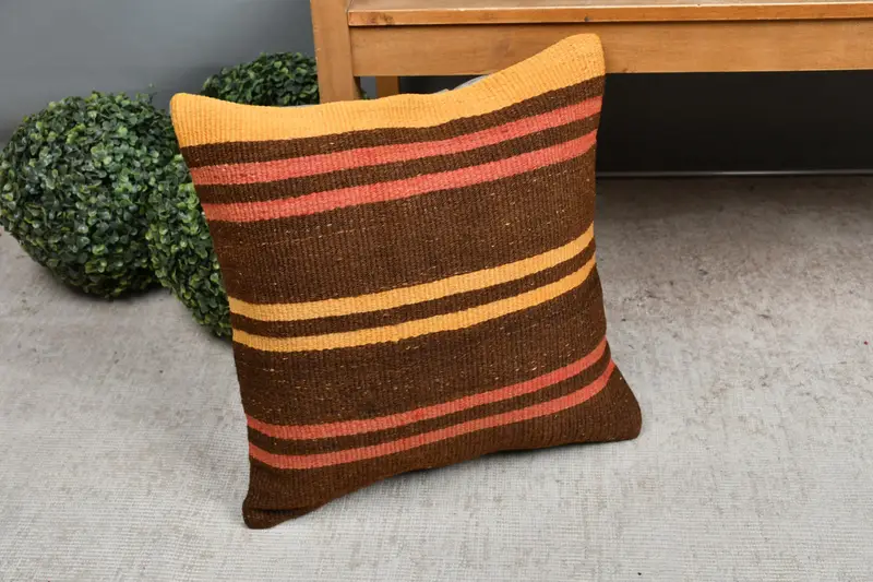 Boho Pillow Sham Cover, Vintage Throw Cushion Case, Pillow for Couch, Cushion Cover, 18x18 Brown Pillow Cover, Ethnical Kilim Rug Pillow - 1