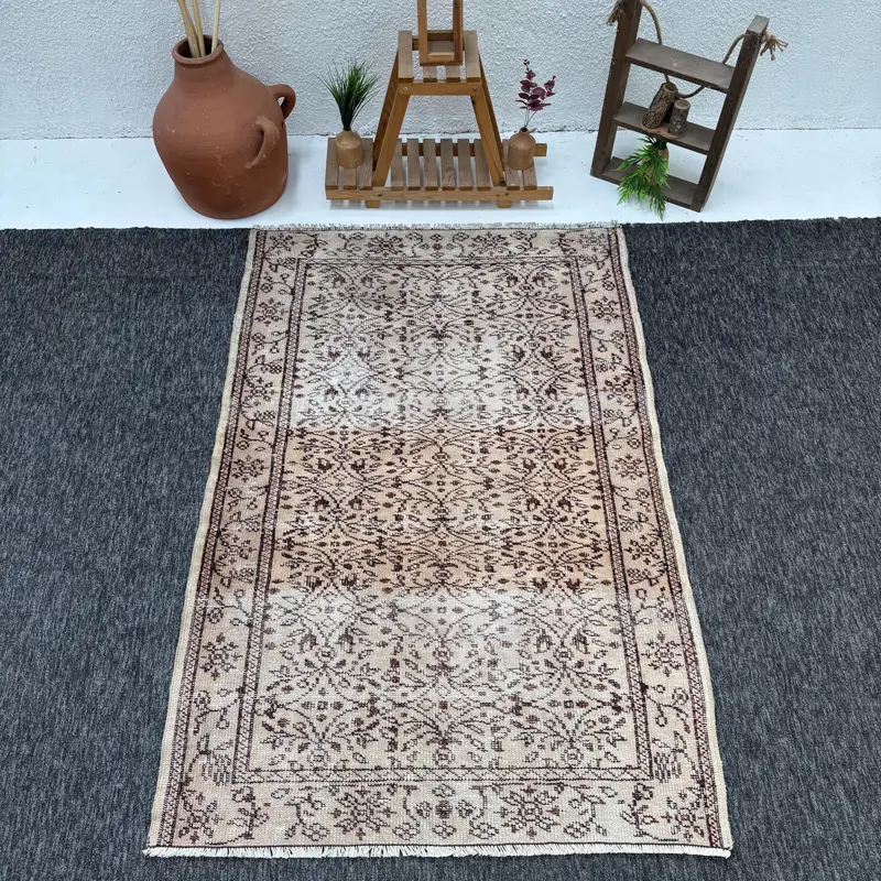Turkish 4.1x6.2 ft Rug, Accent Vintage Rug, Copper Brown Geometric Wool Rug - 1