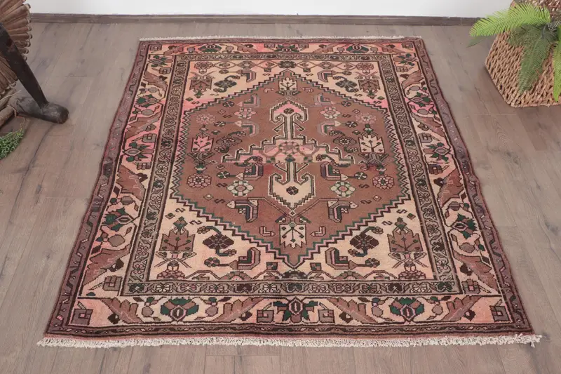 ヴィンテージ Oushak アクセント ラグ 130x140cm ターキッシュ ブラウン パッチワーク ウール ラグ - 1