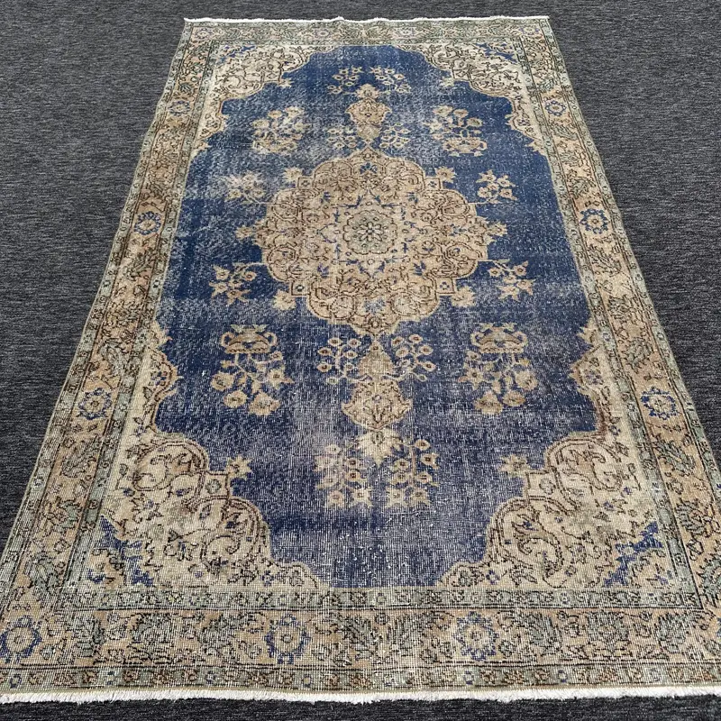 Blue & Beige Rug, 4x8.3 ft Bordered Design