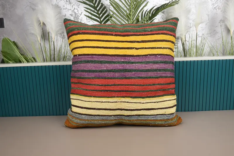 Almohada de tiro de rayas rojas y amarillas, cojín vintage bordado