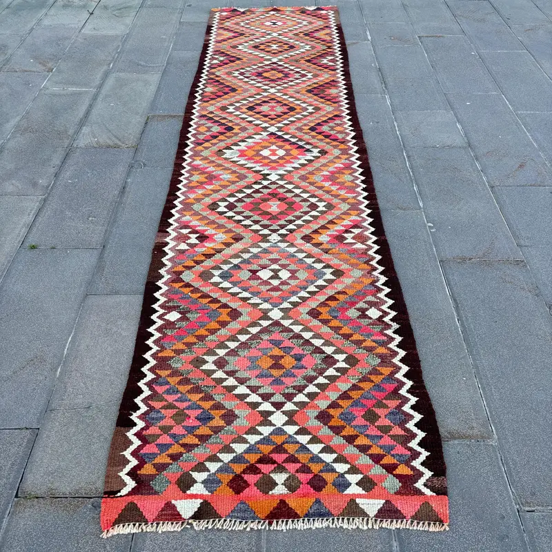 2,8x11,5 ft türkischer Vintage-Teppich, Läuferteppich, rot-blauer Wollteppich - 1