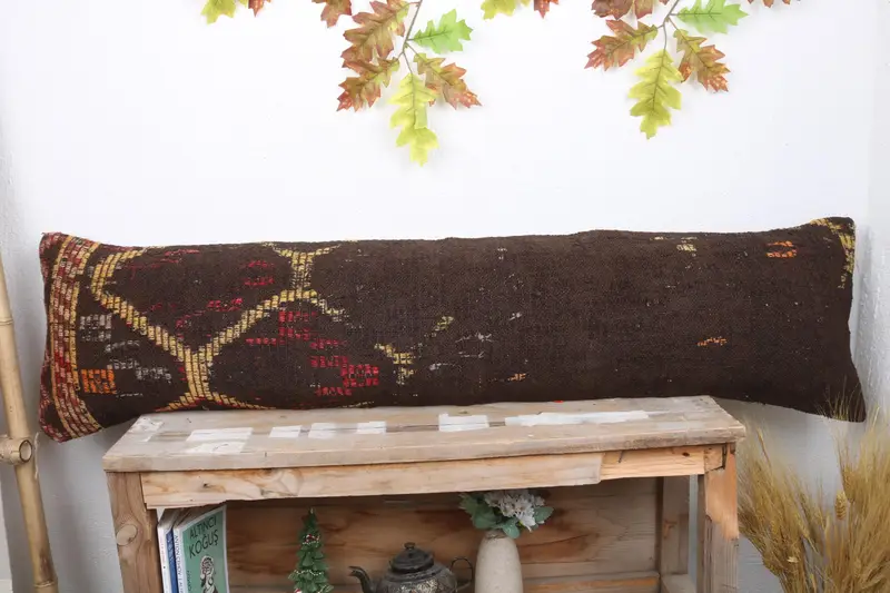 Turkish Kilim Pillow, Handmade Kilim Cushion, Pillow for Sofa, Cushion Cover, Aztec Pillow Case, 12x48 Brown Pillow Sham, Farmhouse Cushion - 2