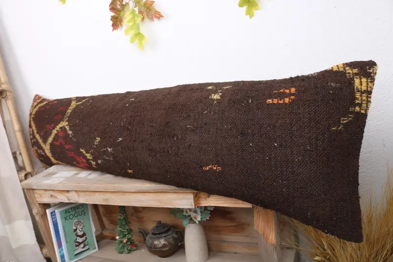 Turkish Kilim Pillow, Handmade Kilim Cushion, Pillow for Sofa, Cushion Cover, Aztec Pillow Case, 12x48 Brown Pillow Sham, Farmhouse Cushion - 4