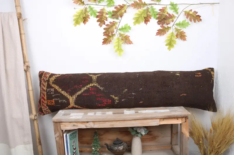 Turkish Kilim Pillow, Handmade Kilim Cushion, Pillow for Sofa, Cushion Cover, Aztec Pillow Case, 12x48 Brown Pillow Sham, Farmhouse Cushion - 1