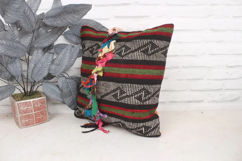 Gift Pillow, Farmhouse Cushion, 16x16 Green Cushion Cover, Bench Pillow, Pillow Cover, Kilim Cushion Sham, Handmade Kilim Cushion - 4