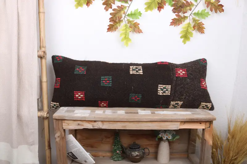 Brown & Green Geometric Throw Pillow, Handmade Linen Cushion