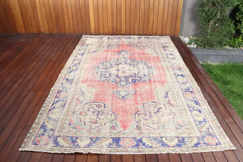 Vintage Büyük Halı 5.9x9.6 ft, Türk Oushak Kırmızı Bitkiler ve ağaçlar Yün Halı - 1