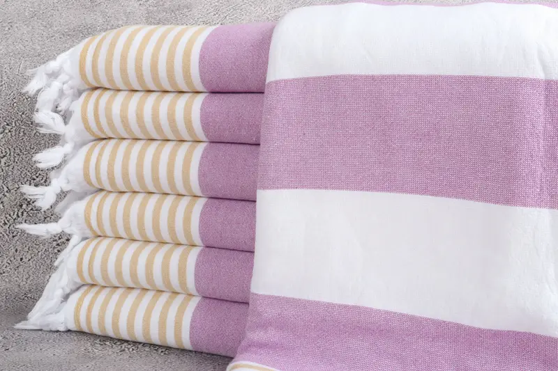 Organic Turkish Towel Striped Beige, Terry Peshtemal, 36x67 Inches