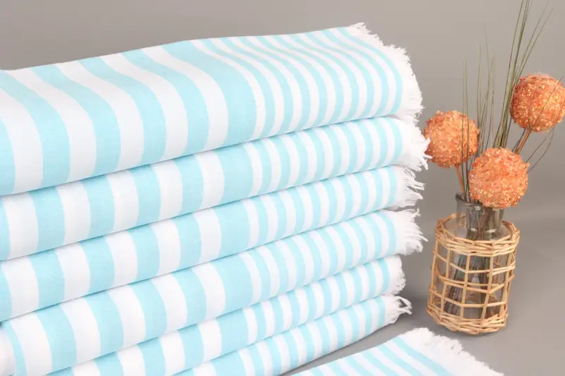 Organic Cotton Turquoise Peshtemal Striped Towel, 36x68 Inches